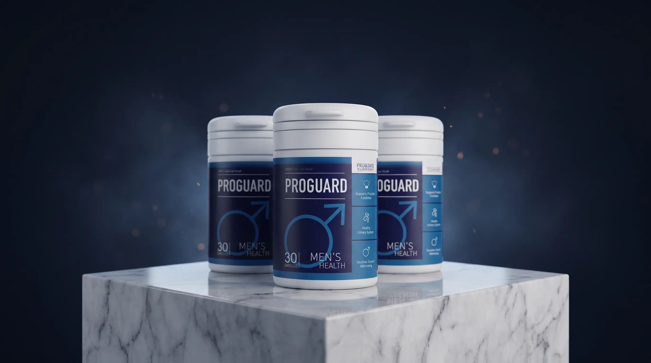 ثلاث عبوات Proguard مضاءة من الخلف على منصة رخامية